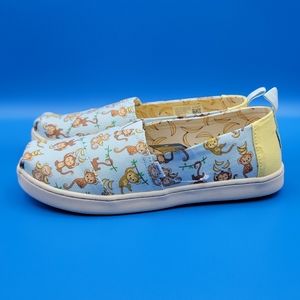 Toms Youth Girl's Canvas Slip-On Shoes Size 4.5Y Blue Yellow Monkey Print New